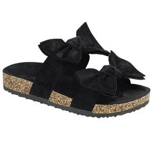 New Black Double Bow Cork Open Toe Slides Sandals